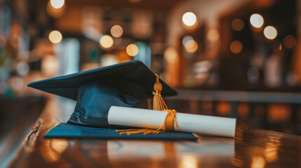 Graduation day, party. A mortarboard and diploma scroll on a table in classroom. Education, learning concept. Courses, higher education, study, knowledge. Graduation hat and students diploma on desk