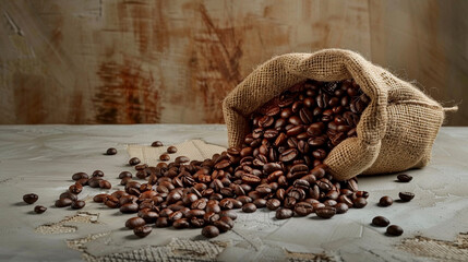 Coffee beans cascading out of a burlap sack