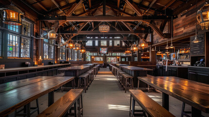 Fototapeta premium A large room with wooden tables and benches