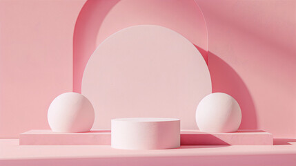 Fototapeta premium Pastel pink podium and spheres against a pink background. Minimal, surreal, 3D render.
