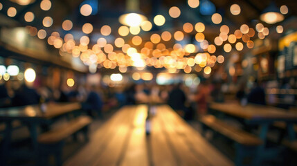 A blurry image of a restaurant with a lot of people sitting at tables - Powered by Adobe