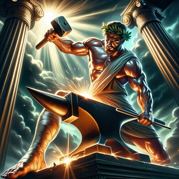 Hephaestus the god with his hammer and anvil. He was cast off Mount Olympus. God of of artisans, blacksmiths, craftsmen, fire, metallurgy, volcanoes. Classical Greek Roman mythology. Generative AI