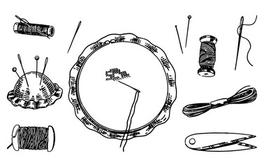 Sketch of embroidery hoop, spools of threads, needles, pincushion, tools for sewing work. Needlecraft doodle set. Outline vector illustrations collection. © Olga Sayuk