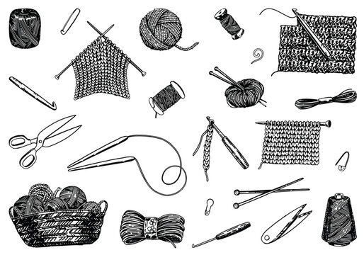Sketch set of knitting needles, crochet hook, yarn, stitch marker, handicraft tools. Hobby, knitwork doodle. Outline vector illustrations collection.