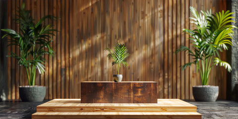 Elegant wooden podium with a potted palm plant in front of a wooden slatted wall. - obrazy, fototapety, plakaty
