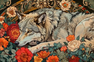 Wolf and flowers wolf art painting.