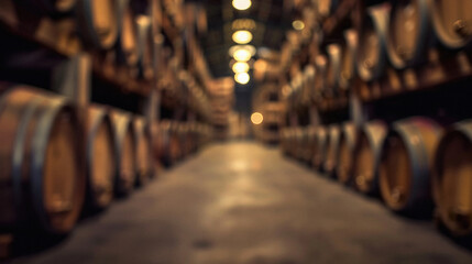 A blurry image of a wine cellar with many barrels