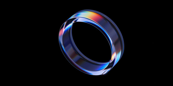 3d crystal glass ring with refraction and holographic effect isolated on black background. 3d render illustration