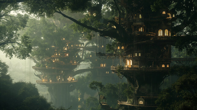 The image shows several tree houses connected by bridges in a misty forest.

