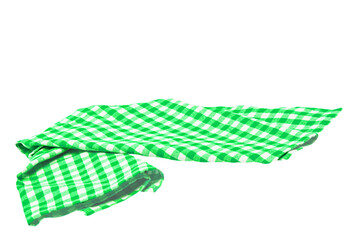 Closeup of a green and white checkered napkin or tablecloth texture isolated on white background. Clipping path. Kitchen accessories. Top view.