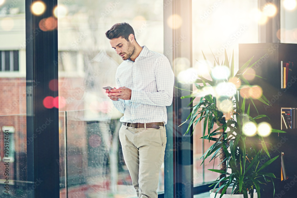 Aufkleber Man, office and texting on smartphone for internet or check social media, post and messages. Business person, lens flare and window with communication or networking for news update and website