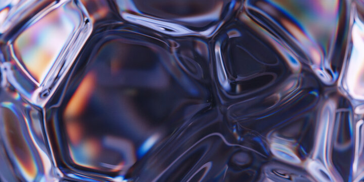 Liquid glass or ice cell surface with refraction and dispersion effect. Transparent organic bubbles. Abstract background. Thin film colors fluid. 3d rendering