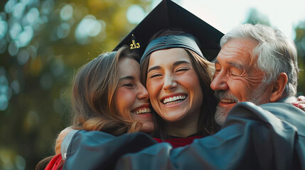 Happy young caucasian woman with her father and mother on graduation day. Smiling female student in graduation gown and cap hugging her parents after the graduation ceremony