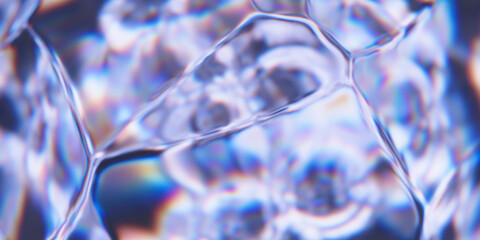 Crystal structure with refraction and dispersion effect. Transparent organic shape with organic edges. Abstract background. Thin film colors fluid. 3d rendering