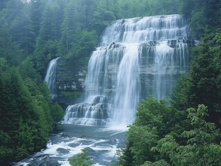 A waterfall is flowing down a rocky cliff. The water is clear and the trees are lush and green. The scene is peaceful and serene