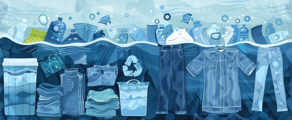 illustration of denim items submerged in water, with recycling symbols, portraying the water-saving process in the sustainable production of biodegradable denim.