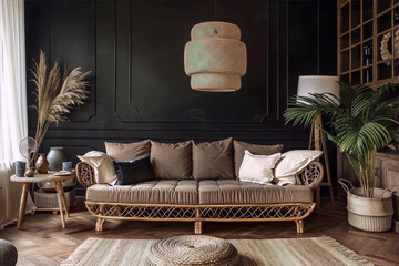 bohemian living room, wicker sofa,