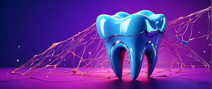 A stunning visual representation featuring a glossy molar tooth surrounded by pink nerve-like structures against a purple background