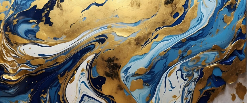 Elegantly swirling gold and navy blue paint creating a luxurious and opulent marble-like texture