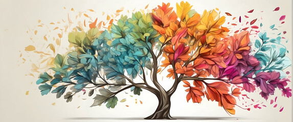 Vibrant tree illustrating the four seasons with unique color schemes, symbolizing the cycle of life