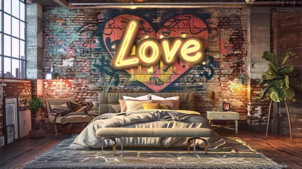 Foto op Canvas Modern graffiti style bedroom with exposed brick wall, large windows, and colorful neon heart-shaped sign. © AfzalArij