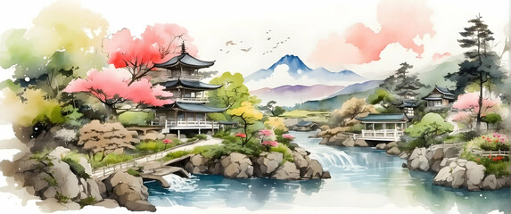 A serene Japanese landscape with cherry blossoms, traditional temples, and Mount Fuji in the background