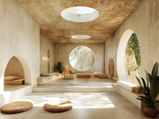 A large room with a circular window in the middle. The room is filled with plants and has a minimalist design