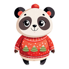 A cartoon panda wearing a red sweater and a Christmas tree on it. The panda is smiling and looking at the camera