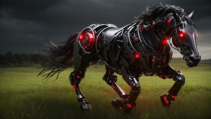 Fototapeta na wymiar a black robotic horse with glowing red eyes and red lights along its body. It is standing in a grassy field with a hill in the background and dark clouds overhead.