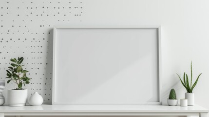 A pristine white shelf adorned with simple, elegant decor against a dotted wall, showcasing minimalist design.