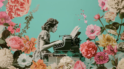 Art of a girl typing on a typewriter surrounded by flowers. Digital illustration: writer, secretary, copywriter, marketer.