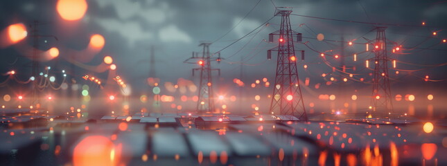 Energy distribution blurred off focus background. Modern energy renewable energy and smart grid. 