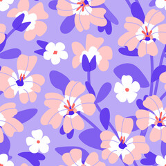 Bacopa Monnieri Seamless pattern with Brahmi flower, plant and leaves. Spring vector background for print, fabric, tablecloth, wrapping paper, wallpaper, textile, cover. Indian pennywort