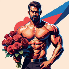 A man is holding a bouquet of roses. The roses are red and the man is wearing a blue tank top