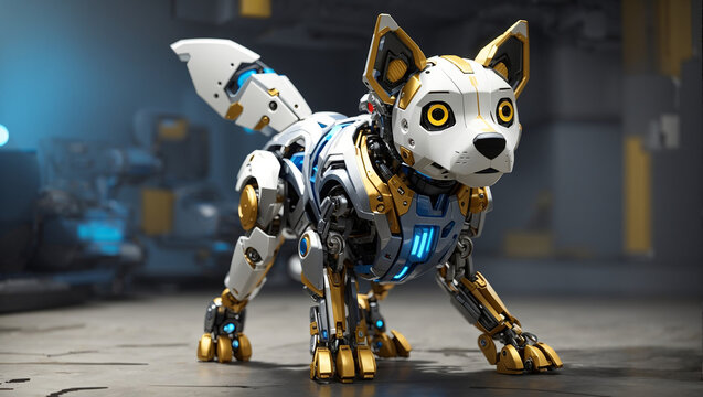  a small, white and yellow robot dog with glowing yellow eyes. It is standing on all fours and looking up at the camera. The background is grey.