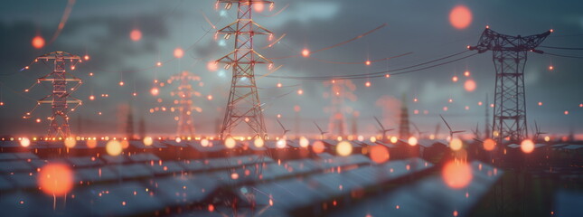 Energy distribution blurred off focus background. Modern energy renewable energy and smart grid. 