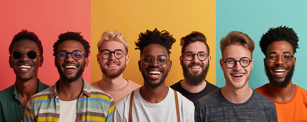 Collage of portraits and faces of multiracial millennial group of various smiling young men