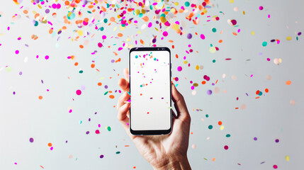 confetti phone celebrate party winner. Hand holding smartphone with blank screen on white background with confetti. Win smartphone mockup. Cellphone screen background empty template. Sale, app