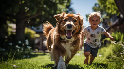 Happy running golden retriever and cute kids play together on the backyard