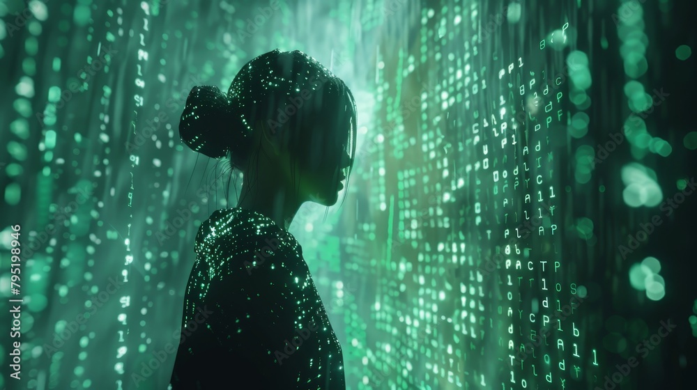 Wall mural a woman standing in front of a green binary code background.