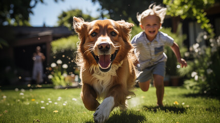 Happy running golden retriever and cute kids play together on the backyard