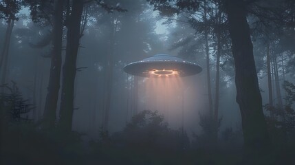 Fototapeta premium Unidentified Flying Object Hovering Over Misty Twilight Forest with Eerie Shadows