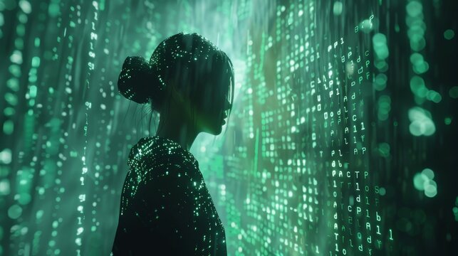 A woman standing in front of a green binary code background.