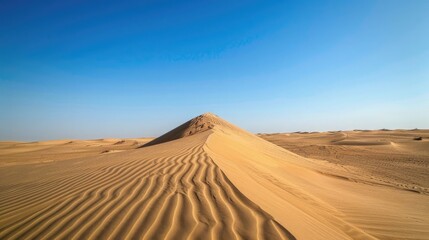 Fototapeta na wymiar A vast desert landscape stretching to the horizon, where sand dunes ripple like waves in the endless sea of sand.