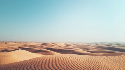 Fototapeta na wymiar A vast desert landscape stretching to the horizon, where sand dunes ripple like waves in the endless sea of sand.