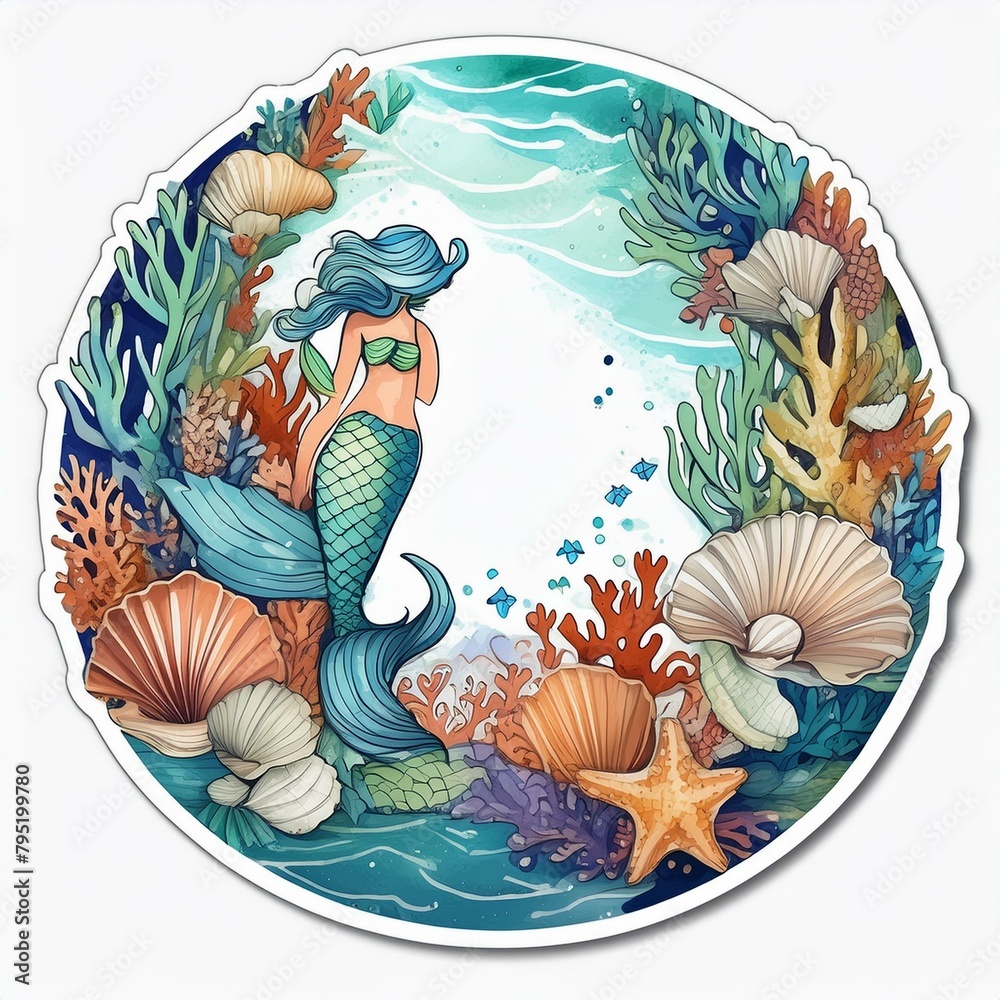 Wall mural circular floral wreath stickers depicting scenes from a magical mermaid lagoon