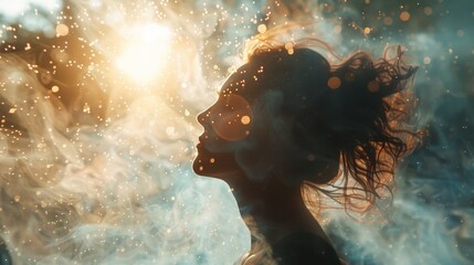 A woman's face is half-obscured by a colorful and sparkly mist.