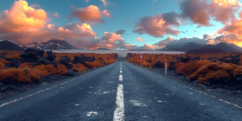 empty road in a desert at sunset - obrazy, fototapety, plakaty