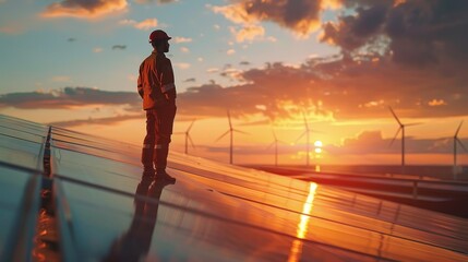 Fototapeta premium A worker inspects a solar panel field at sunset.