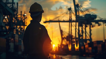 Obraz premium A worker wearing a hard hat is standing in front of a container ship at sunset.